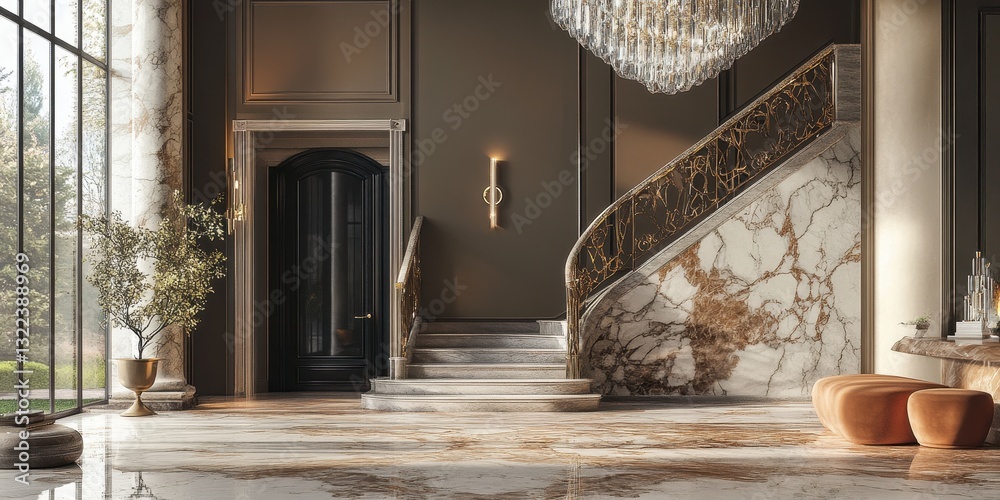 Obraz premium Grand luxurious foyer features a marble staircase and chandelier