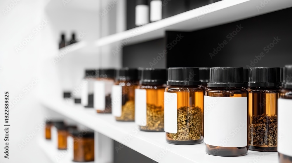 Fototapeta premium Display of various glass containers filled with herbs on a minimalist shelf in a modern setting