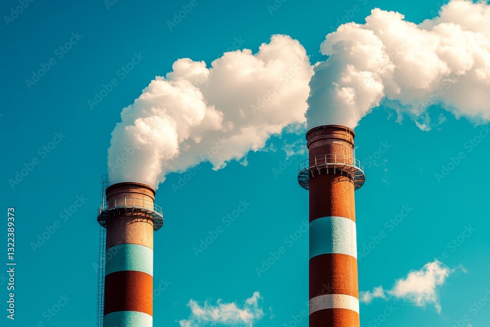 Urban factories with blue skies, releasing carbon dioxide Urban factories with blue skies, releasing carbon dioxide