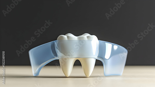 Realistic 3D Render of a Single Tooth with a Translucent Blue Protective Strip on a Beige Surface Against a Dark Gray Backdrop