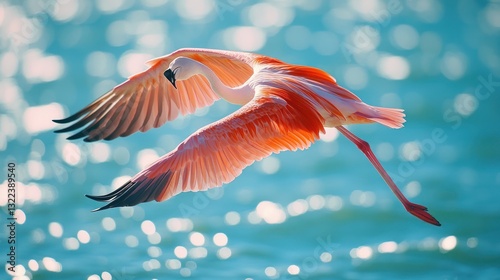 Pink flamingo in flight over turquoise water. (2)