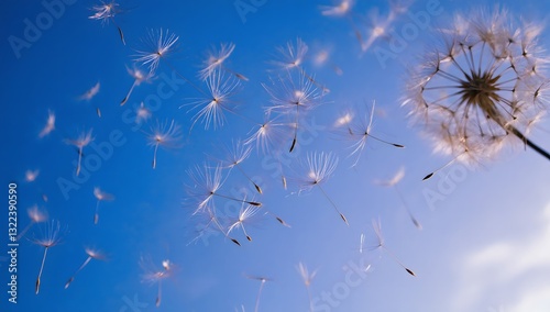 Dandelion seeds are flying against the background of the sunset sky. Floral botany of nature