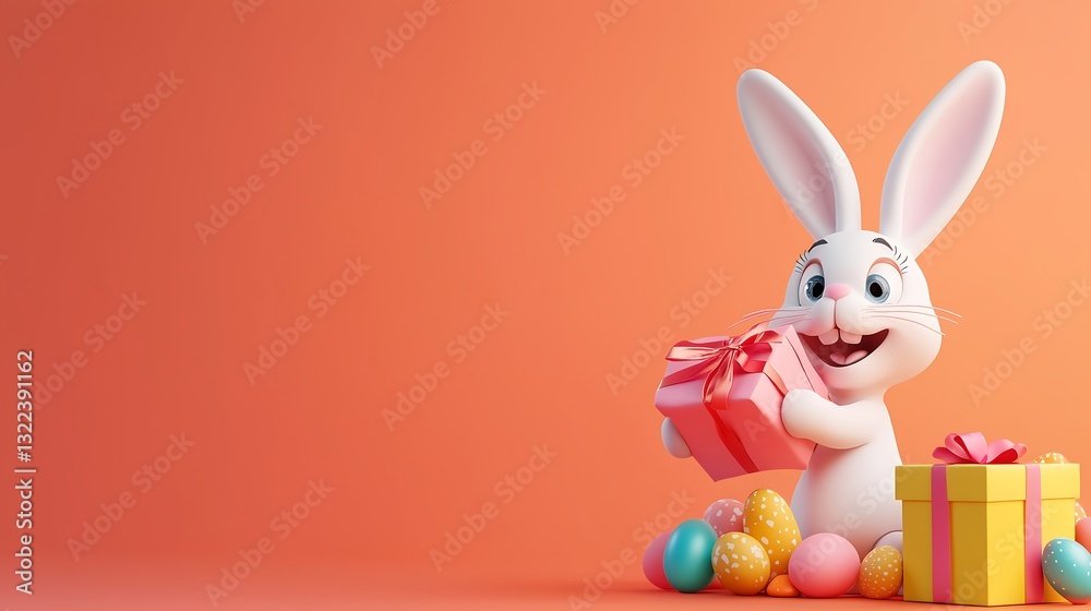 Obraz premium Cheerful cartoon white Easter bunny joyfully holding a gift surrounded by colorful eggs.