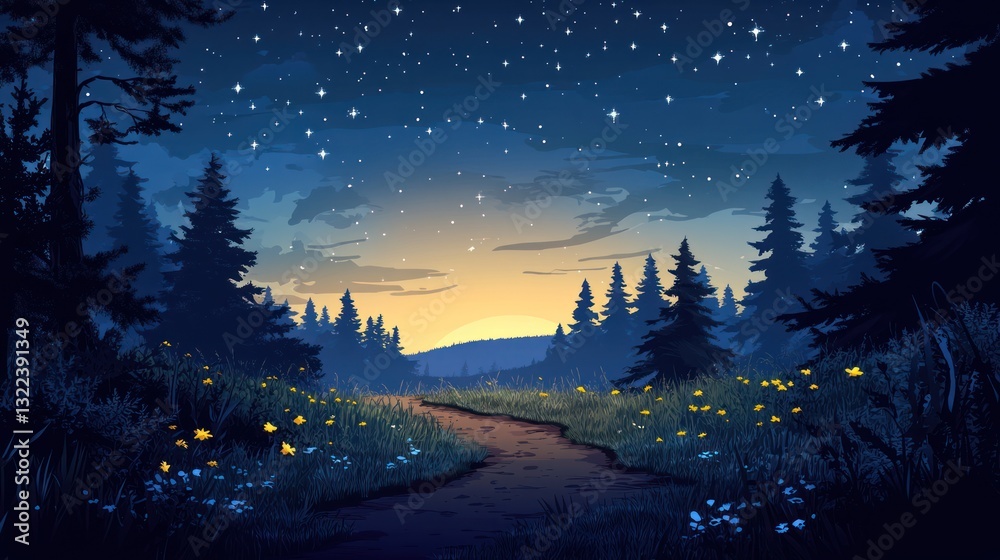 Fototapeta premium Forest path at twilight with starry sky.