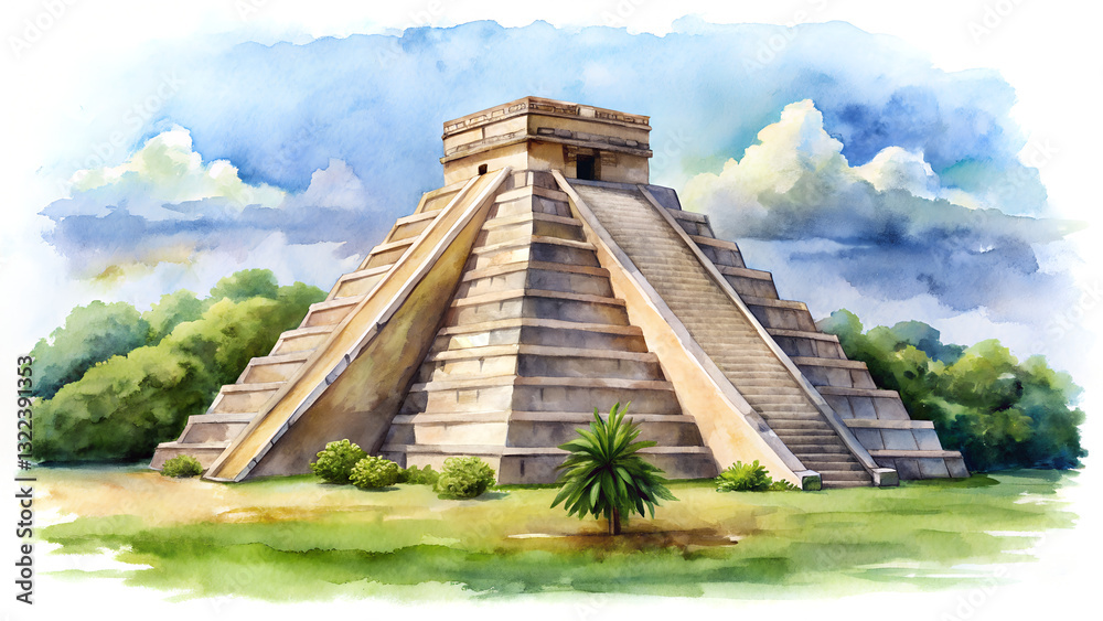 custom made wallpaper toronto digitalWatercolor illustration of ancient Mayan pyramid surrounded by lush greenery under a partly cloudy sky