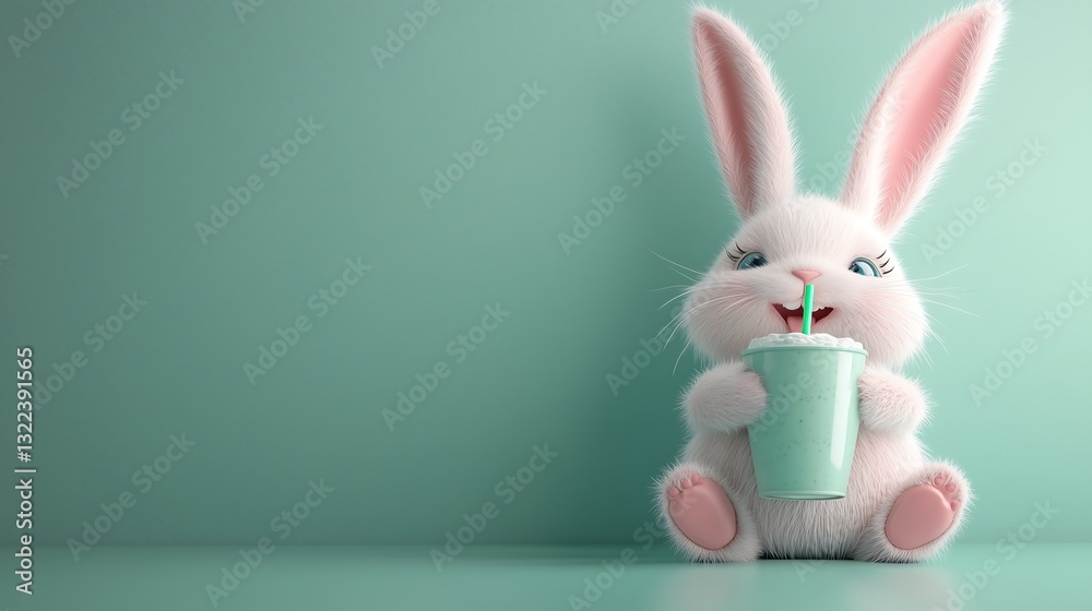 Obraz premium A cute white Easter bunny sipping a minty drink with a straw in a pastel green setting.