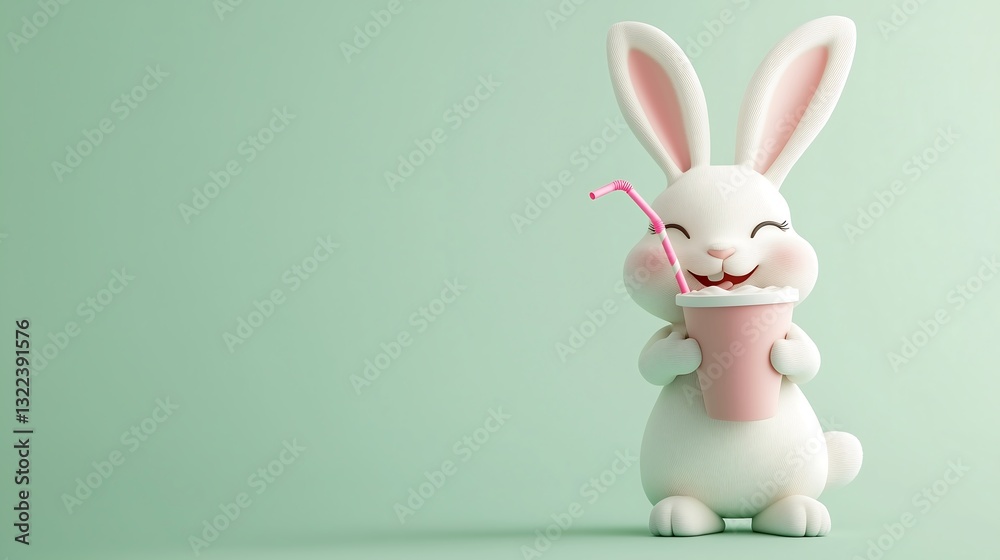 Obraz premium A cheerful cartoon Easter bunny enjoying a milkshake on a pastel green background.