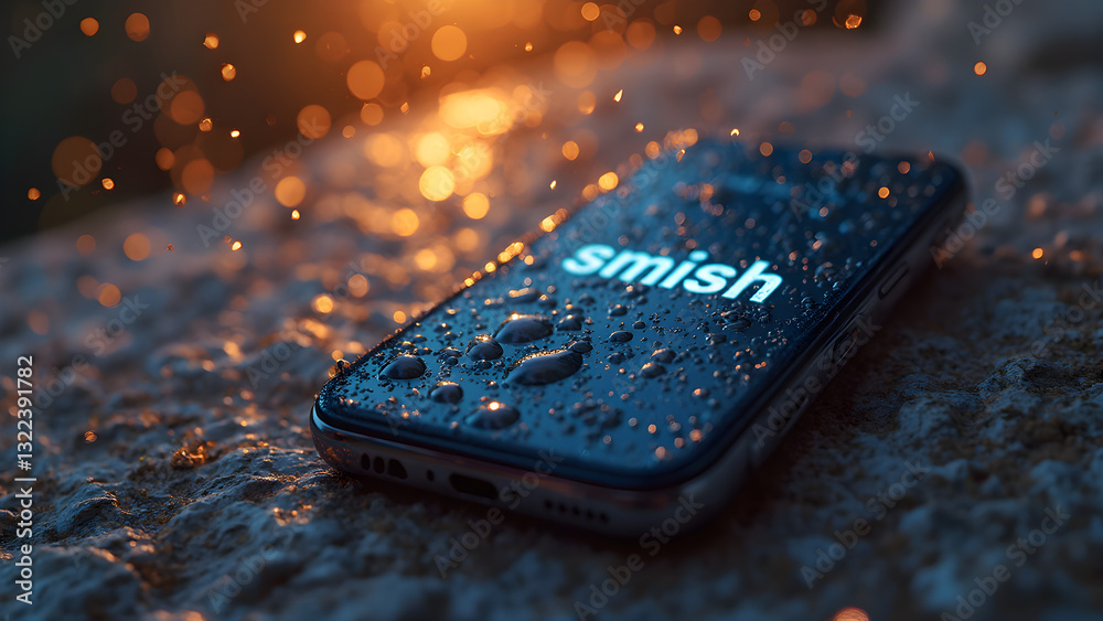 Photograph of phone with raindrop effects. Smishing text message on phone screen. Ultrarealistic colorful illustration. Security awareness for smishing attacks.