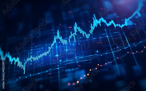 A stock market background with financial charts and graphs, displaying growth patterns of a blue-colored line graph going upwards on a dark background. 