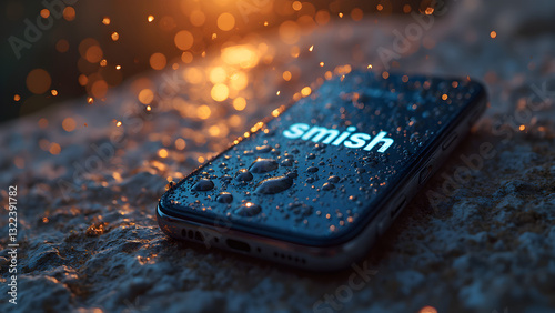 Obraz na płótnie Photograph of phone with raindrop effects. Smishing text message on phone screen. Ultrarealistic colorful illustration. Security awareness for smishing attacks. w salonie