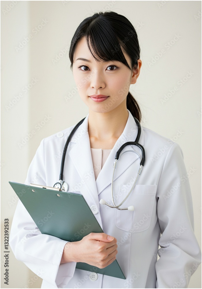 a female doctor standing straight holding a clipboard with a confident face to serve patients a female doctor standing straight holding a clipboard with a confident face to serve patients