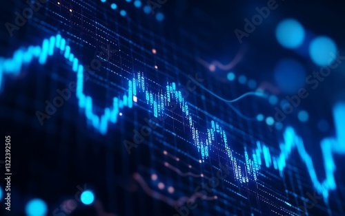 A stock market background with financial charts and graphs, displaying growth patterns of a blue-colored line graph going upwards on a dark background. 