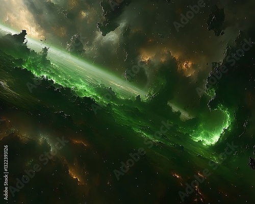 A bright green and grey celestial planet in deep space