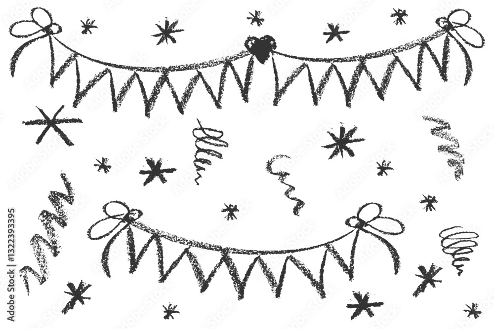 Collection of hand drawn charcoal doodle birthday party simbol shapes Childish girly style. Pencil drawings Black elements on white background. Vector illustration.