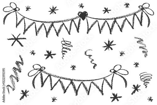 Collection of hand drawn charcoal doodle birthday party simbol shapes Childish girly style. Pencil drawings Black elements on white background. Vector illustration.