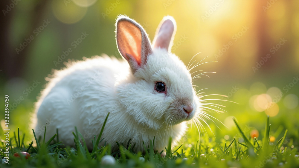 Beautiful Fluffy White Angora Rabbit in Vibrant Summer Setting - Perfect for Easter Promotions, Animal Welfare, and Seasonal Marketing Beautiful Fluffy White Angora Rabbit in Vibrant Summer Setting - Perfect for Easter Promotions, Animal Welfare, and Seasonal Marketing