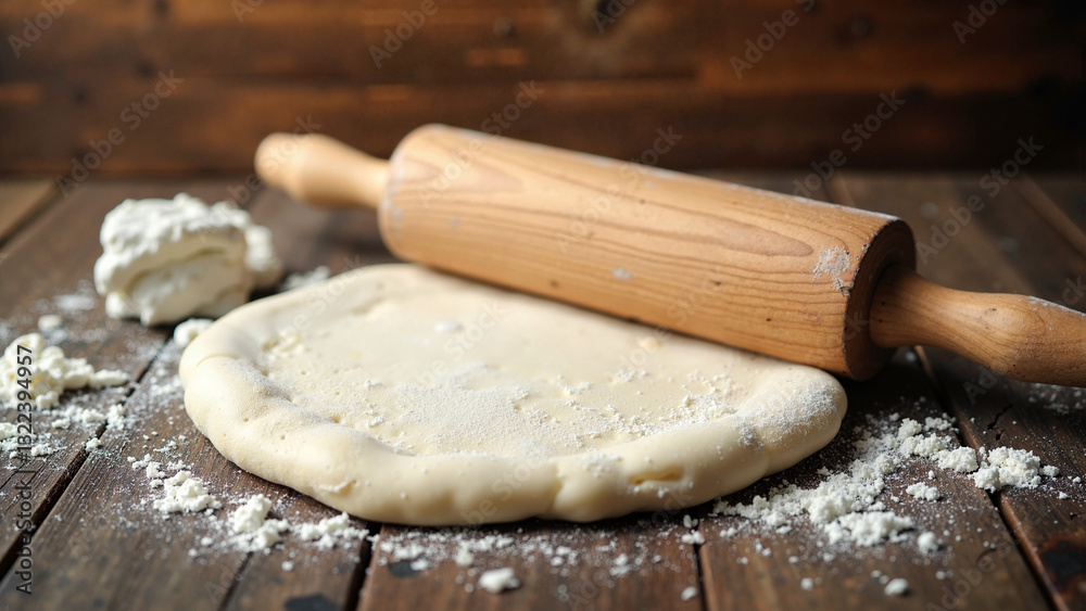 Homemade Pizza Dough Rolled with a Wooden Rolling Pin on a Rustic Table - Perfect for Culinary Blogs and Cooking Tutorials Homemade Pizza Dough Rolled with a Wooden Rolling Pin on a Rustic Table - Perfect for Culinary Blogs and Cooking Tutorials