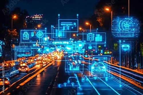Futuristic city traffic with data visualization displays at night