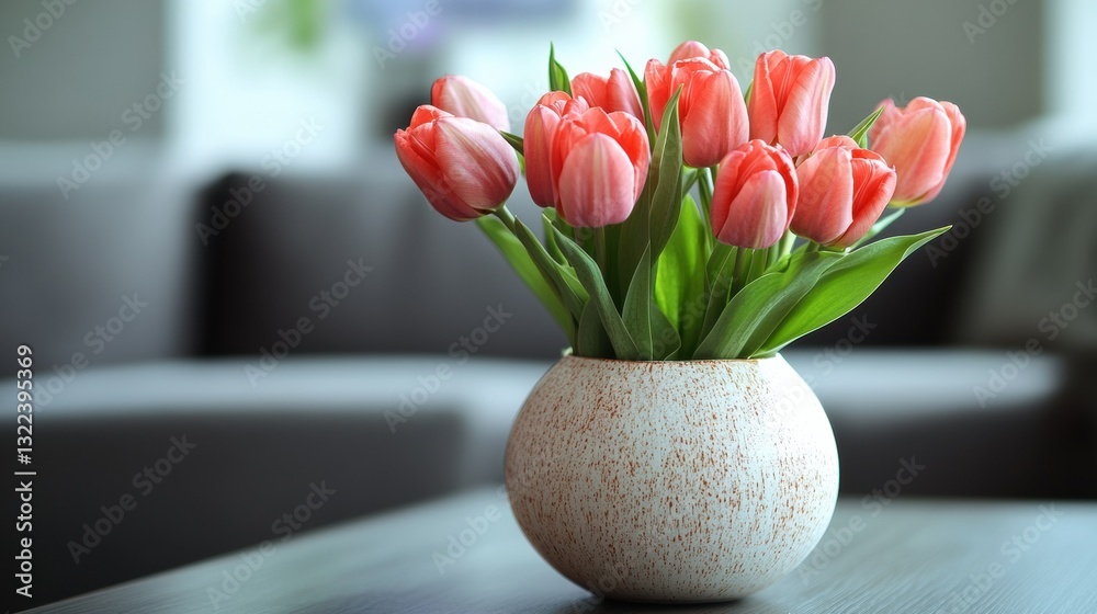 Obraz premium Vase of fresh red tulips on the coffee table with blurred background. Free copy space.