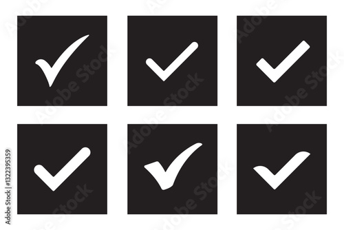 Verified check mark icon set. black check marks symbol. Circle and square tick symbol. Quality sign icon. Checklist and approval check flat style. Approval checks flat style.