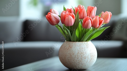 Vase of fresh red tulips on the coffee table with blurred background. Free copy space.