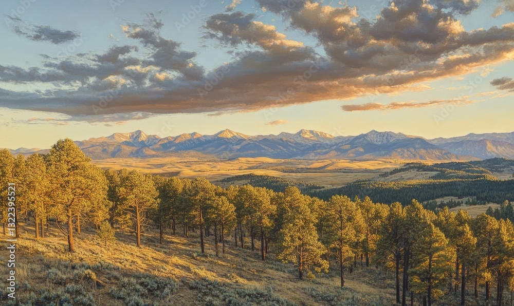 Fototapeta premium Overhead drone perspective of a pine forest with mountains in the distance under sunset lighting.