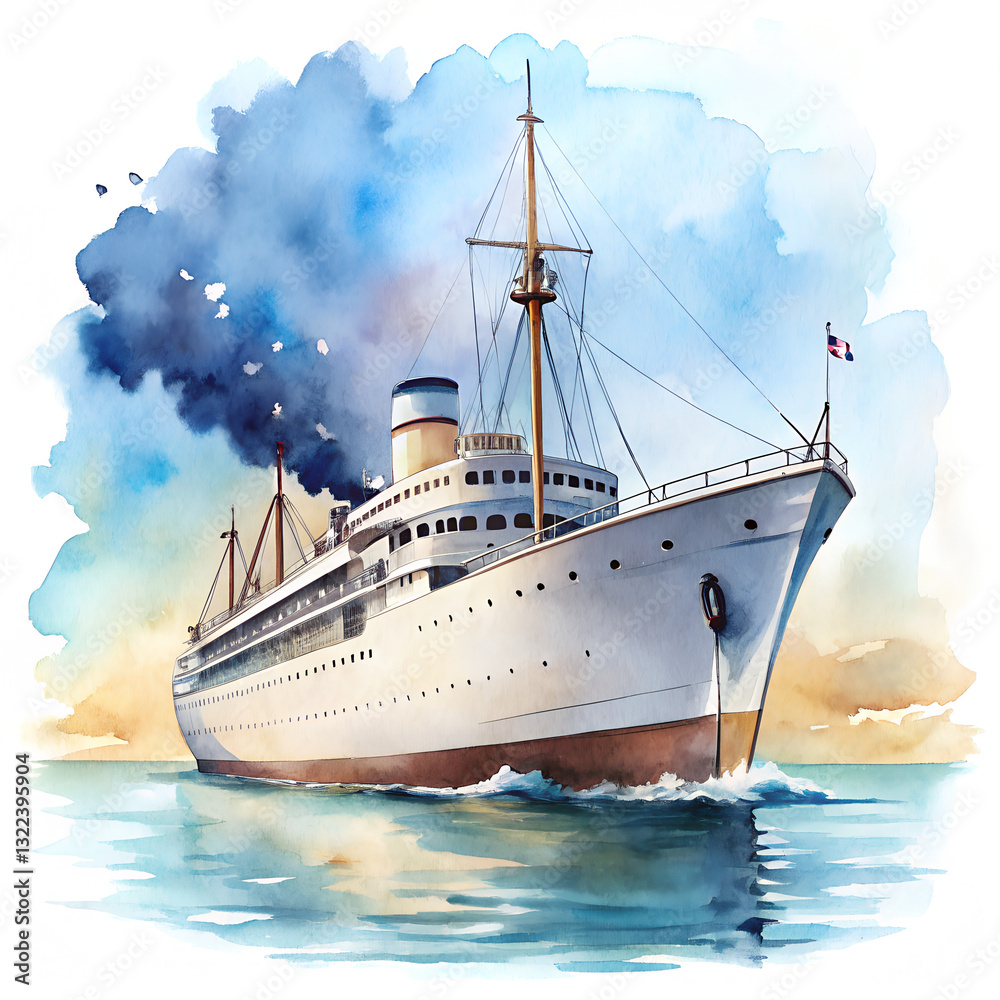 Naklejka premium Watercolor illustration of cruise ship in the sea, modern ship in the sea isolated on transparent background