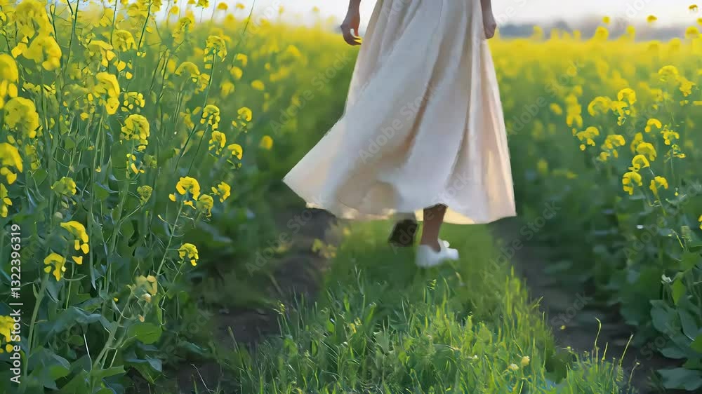 custom made wallpaper toronto digitalA woman in a long beige dress walks on a ridge between two fields full of rapeseed flowers.
