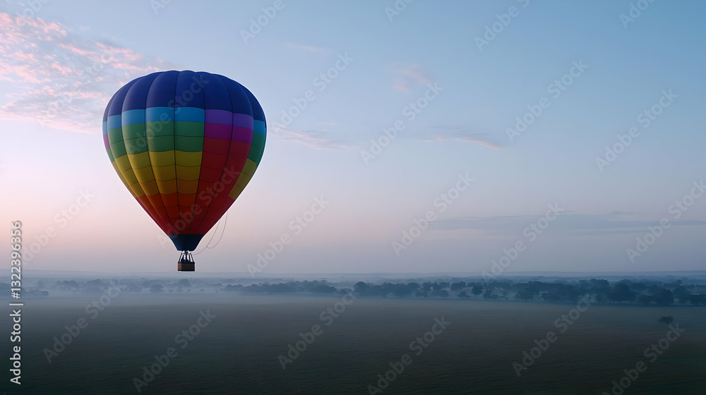 Fototapeta premium Colorful Hot Air Balloon Soaring Over Misty Fields At Sunrise During A Serene Morning Flight Adventure