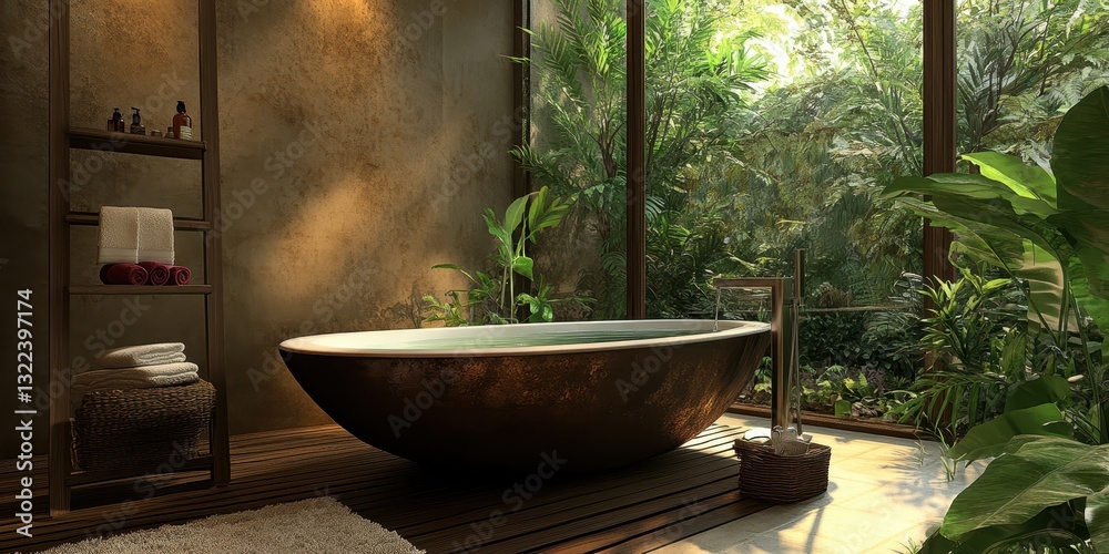 A luxurious bathroom displays an inviting tub with nature views A luxurious bathroom displays an inviting tub with nature views