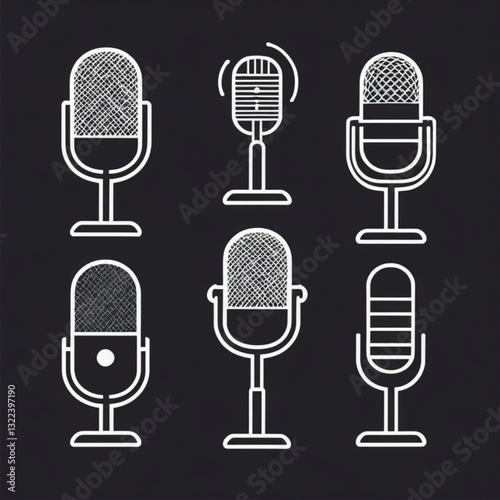 Podcast web icon set. Set of 5 outline icons related to microphone, radio, webcast, audio, video, news 