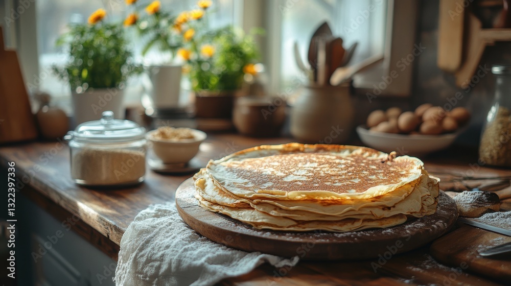 Naklejka premium home cooking scene, baking in a warm, cozy kitchen with fresh crepes and spring decor