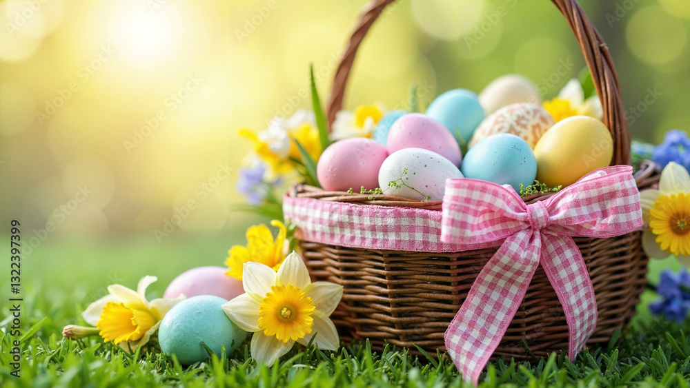 Charming Easter Egg Basket with Pastel Eggs and Spring Flowers for Holiday Marketing and Celebrations Charming Easter Egg Basket with Pastel Eggs and Spring Flowers for Holiday Marketing and Celebrations