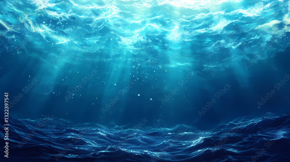 Tranquil underwater scene with blue waves. Sunbeam Waves. Illustration Tranquil underwater scene with blue waves. Sunbeam Waves. Illustration