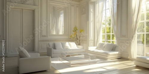 A luxurious white living room with large windows and bright sunshine