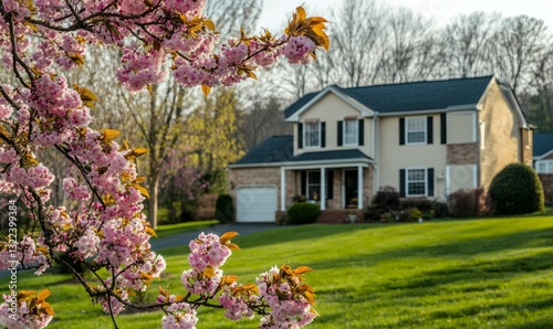 Pink cherry blossom sakura tree flowers on branches in foreground in spring in northern Virginia with bokeh blurry background of house in neighborhood