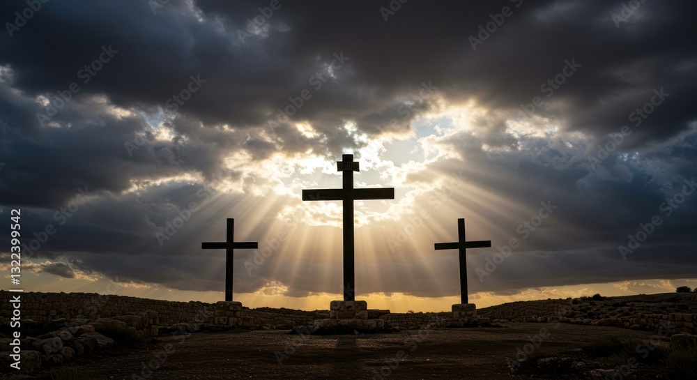 Obraz premium Three wooden crosses standing against a dark cloudy sky with heavenly light rays shining symbolising faith salvation Christianity hope divine inspiration religious crucifixion scene