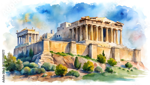 Wallpaper Mural Watercolor Illustration of the Parthenon on the Acropolis in Athens with Blue Sky and Greenery Torontodigital.ca