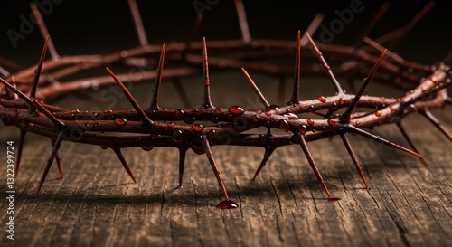 Crown of thorns with sharp spikes and blood drops on wooden surface symbolising suffering pain sacrifice Christianity Jesus crucifixion redemption biblical passion salvation