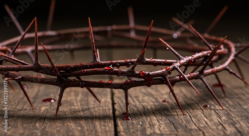 Crown of thorns with sharp spikes and blood drops on wooden surface symbolising suffering pain sacrifice Christianity Jesus crucifixion redemption biblical passion salvation