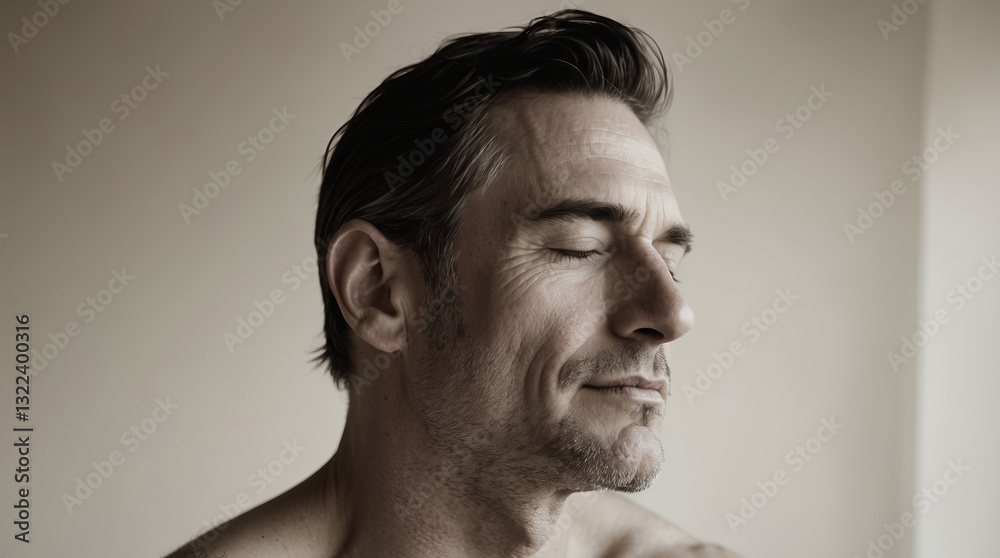 Obraz premium Man enjoying a moment of tranquility with eyes closed in a calm, soft-lit space