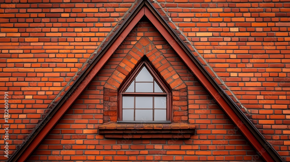 Architectural Charm: Close-up view of a unique red brick roof and triangular window. The symmetrical design with the triangular window, offers a glimpse into the details of craftsmanship.