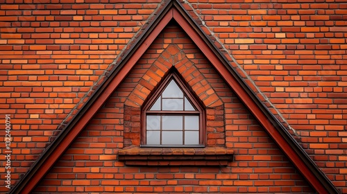 Obraz na płótnie Architectural Charm: Close-up view of a unique red brick roof and triangular window. The symmetrical design with the triangular window, offers a glimpse into the details of craftsmanship. w salonie