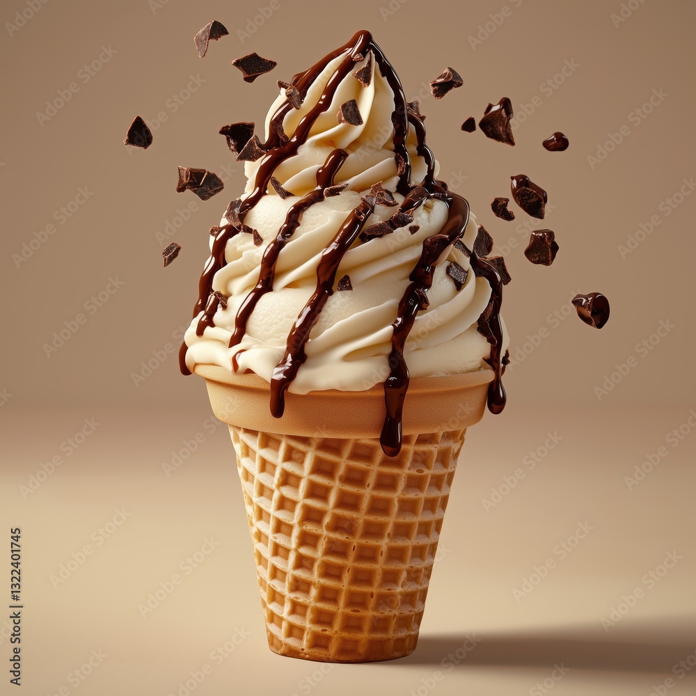 Sweet Temptation: A perfect swirl of creamy vanilla soft serve, drizzled with rich chocolate sauce, is crowned by scattered dark chocolate pieces, offering a sensory delight.