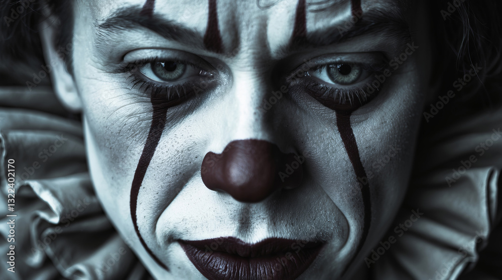 Clown with intense expression and dramatic makeup in a dark setting creating a spooky atmosphere Clown with intense expression and dramatic makeup in a dark setting creating a spooky atmosphere