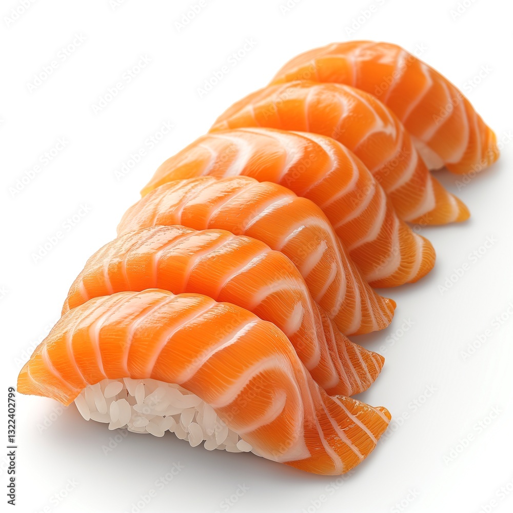Fresh salmon sushi, beautifully arranged with vibrant orange slices over rice, showcasing culinary artistry and freshness. Fresh salmon sushi, beautifully arranged with vibrant orange slices over rice, showcasing culinary artistry and freshness.