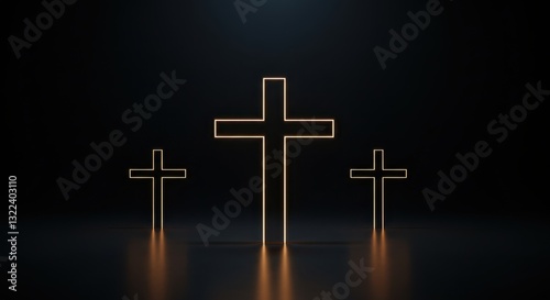 Illuminated crosses on black background symbolising faith, Christianity, resurrection, divine light, spiritual salvation, holy belief, Good Friday, religious devotion, Christian hope