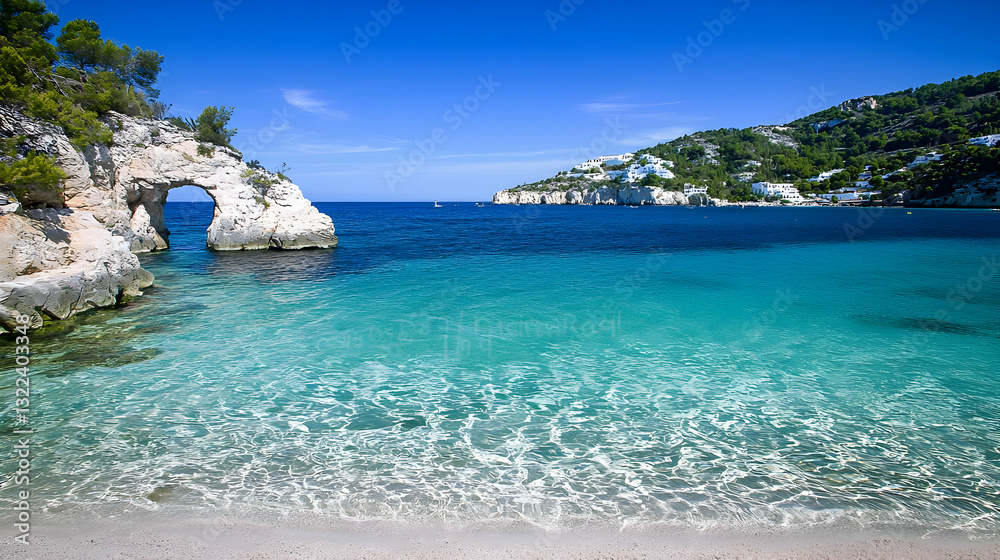 A Secluded Turquoise Bay in The Mediterranean with Crystal Clear Water and a White Sandy Beach A Secluded Turquoise Bay in The Mediterranean with Crystal Clear Water and a White Sandy Beach