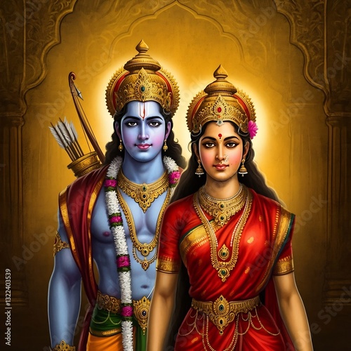 Hindu religious god Rama or Ram with goddess Sita for religious, story of Ramayana, Hindu festival Ram navmi, Dashehara