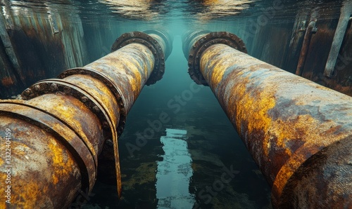 Rusty industrial pipes submerged in water create powerful, atmospheric scene